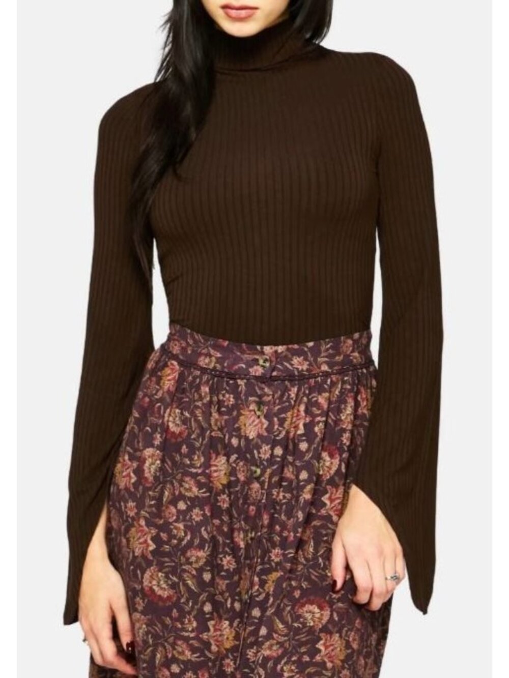 Disturbia Amata Flared Sleeve Top Women Size 10 US NWT Brown Ribbed Turtle Neck
